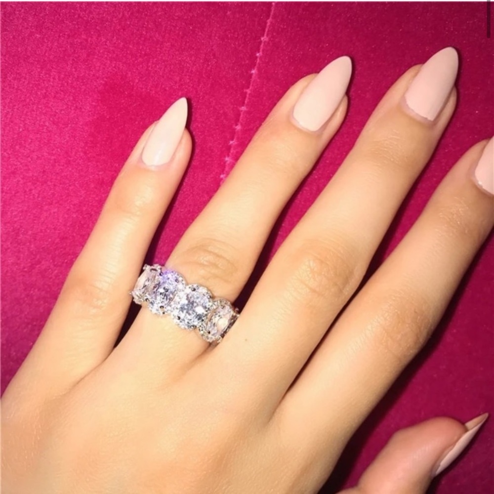 Oval Cut Halo Diamond Pink Clear Wedding Eternity Band - Picture 12 of 16